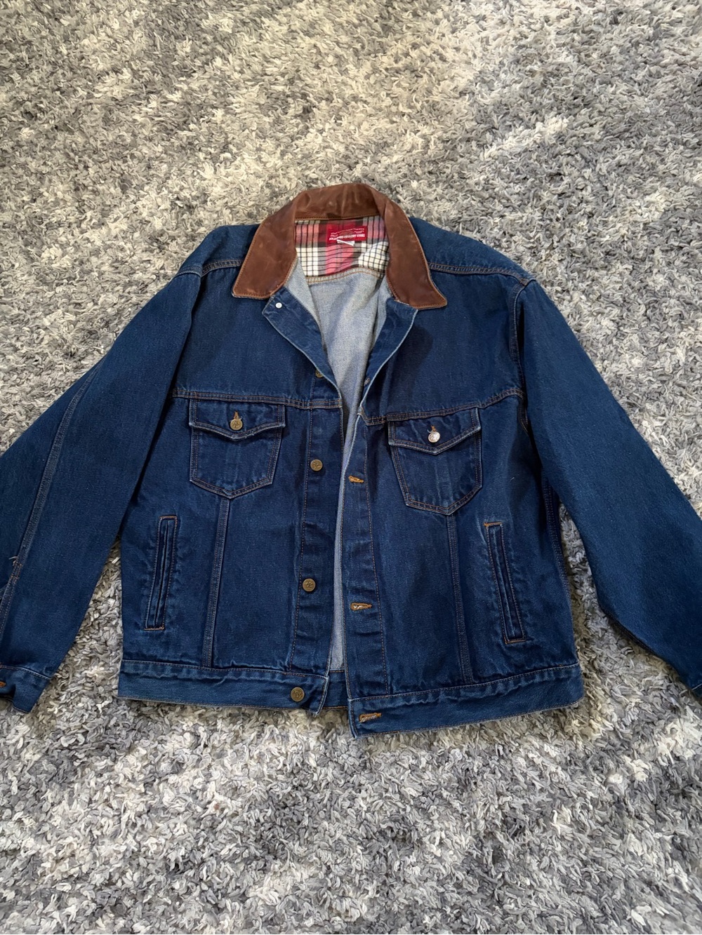 Vintage Marlboro Country Store Blue Denim Jean Jacket Leather Collar XL